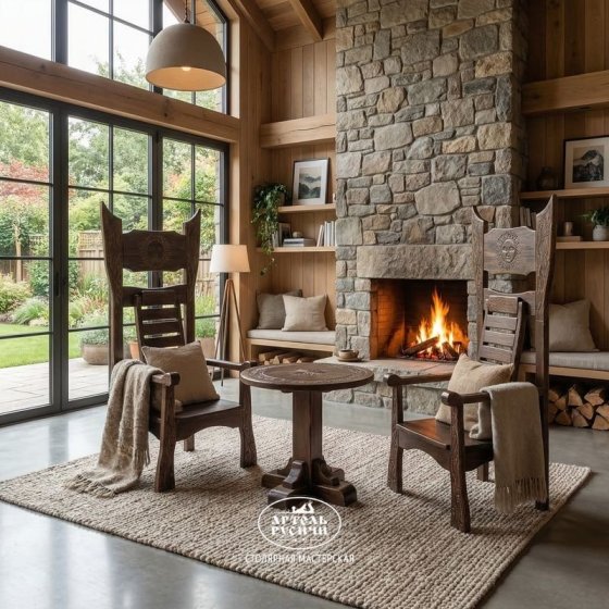 Комплект «Викинг» | круглый стол с резьбой и 2 трона из массива дерева под старину 