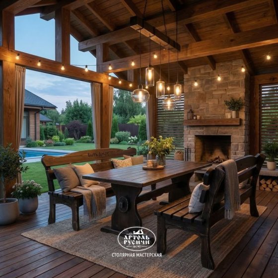 Состаренная мебель из массива «Псковская»| стол и 2 скамьи