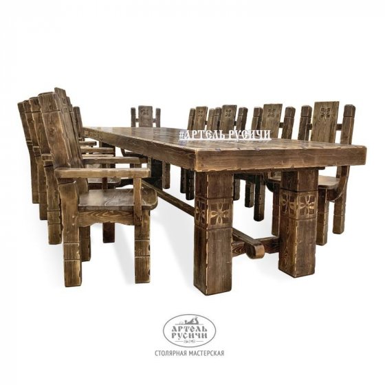 Мебель под старину для беседки на 12 персон | стол 3 м и кресла с подлокотниками «Суздальский»