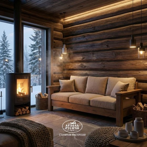 Прямой диван из массива дуба с мягкими подушками