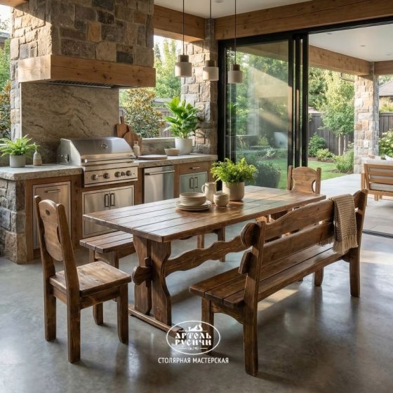 Комплект мебели под старину для кафе «Псковский» | стол, 3  стула и скамья