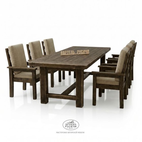 Обеденная группа «Кантри»: стол из массива северной сосны и 6 стульев с подушками и подлокотниками
