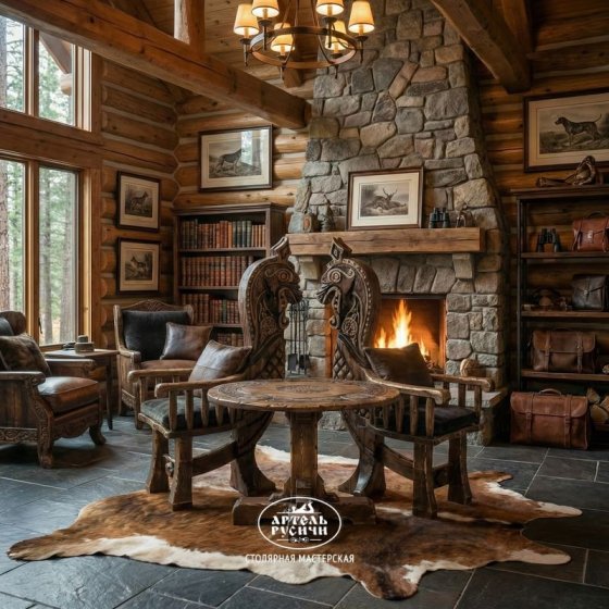 Круглый стол из дерева с резьбой под старину и 2 резных кресла | «Щит Викинга»