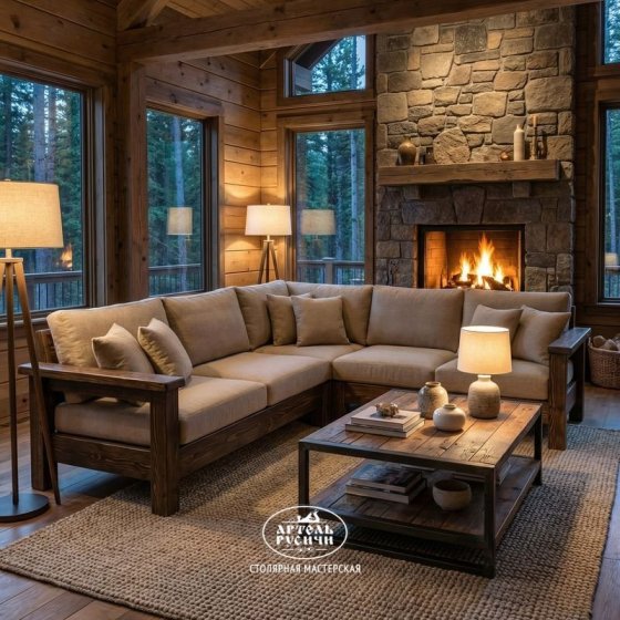 Угловой диван из массива северной сосны с мягкими подушками в стиле кантри