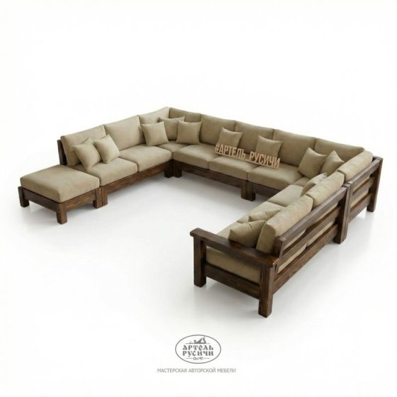 П-образный диван из массива сосны с мягкими подушками в стиле кантри