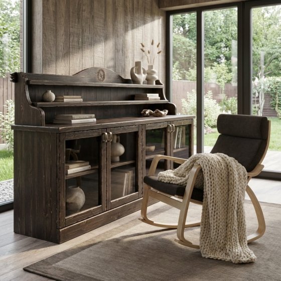 Комод для книг из массива со стеклянными дверцами