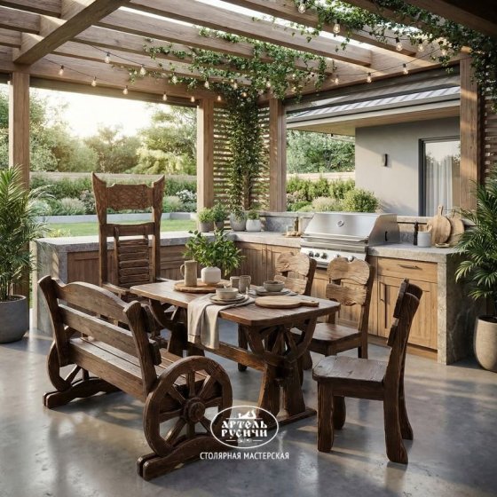 Комплект мебели под старину «Ямщик» | стол, 2 стула, скамья и трон