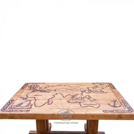 Стол под старину «Драккар» - резная карта мира на столешнице