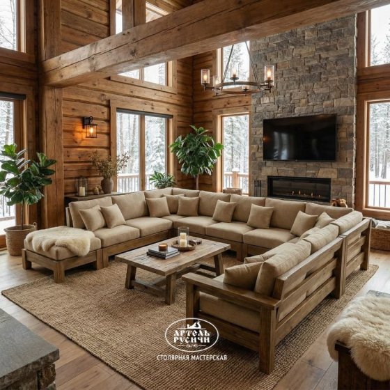 П-образный диван из массива дуба с мягкими подушками