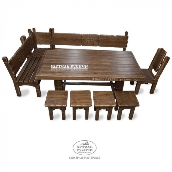 Комплект мебели под русскую старину «Суздальский» | стол, угловая скамья, 4 табурета и стул