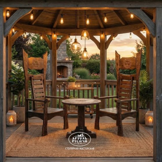 Комплект «Викинг» | круглый стол с резьбой и 2 трона из массива дерева под старину 