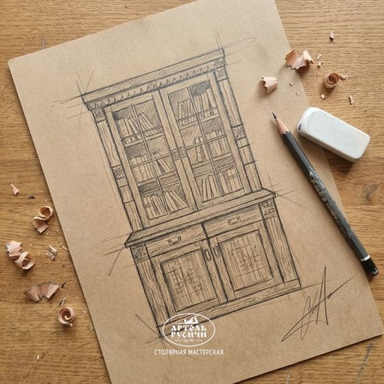 Деревянный буфет для посуды и книг со стеклом 