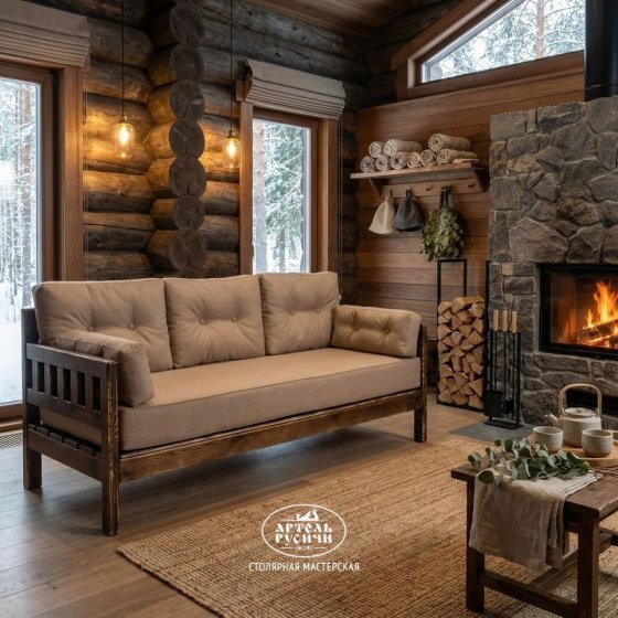 Диван из массива сосны под старину «Русский лофт» с подушками 