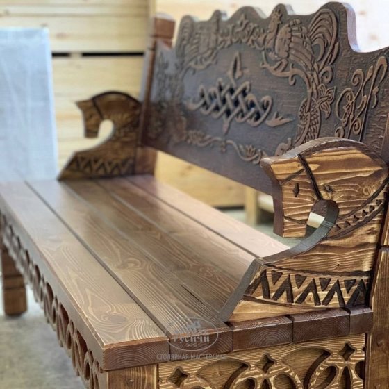 Дизайнерская скамья под старину из массива дерева с резьбой 