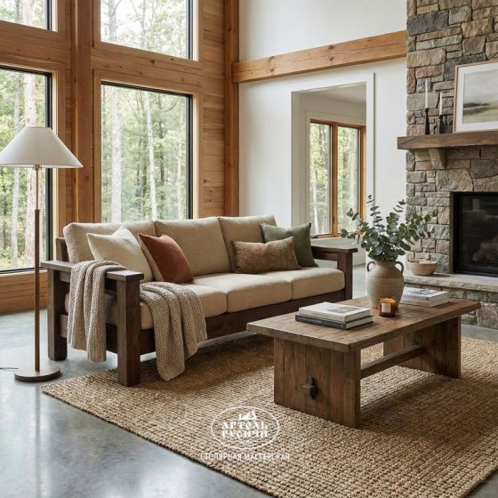 Прямой диван из массива сосны с мягкими подушками в стиле кантри