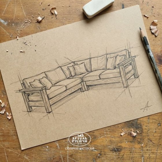 Угловой диван из массива северной сосны с мягкими подушками в стиле кантри