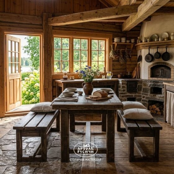 Обеденная группа в стиле кантри: стол и две лавки из массива северной сосны