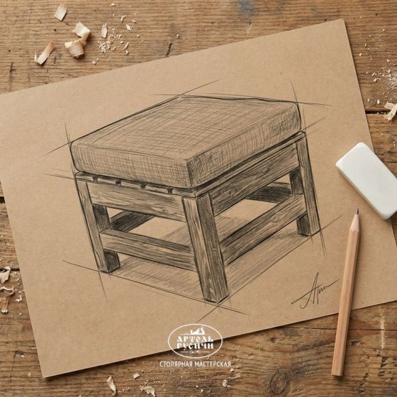 Пуф из массива дерева с мягкой подушкой «Русский лофт»