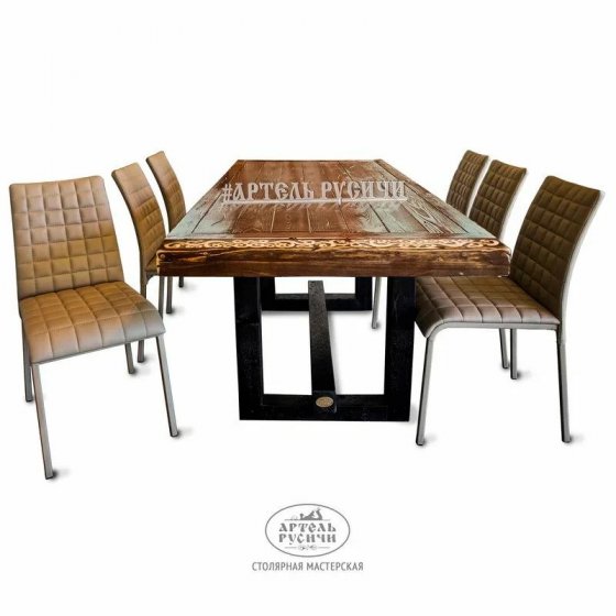 Обеденный стол в стиле русский лофт с резьбой из массива дерева и металла