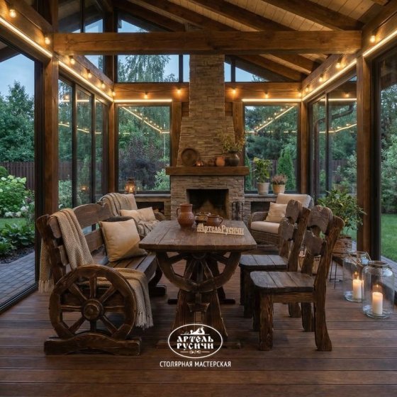 Мебель под старину для кафе на 4 персоны «Ямщик» | Стол, 2 стула и скамья