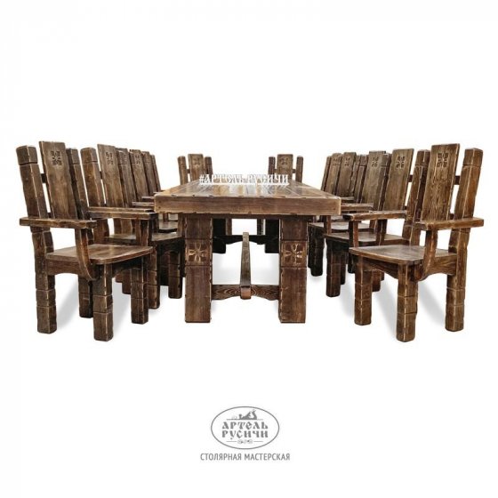 Мебель под старину для беседки на 12 персон | стол 3 м и кресла с подлокотниками «Суздальский»