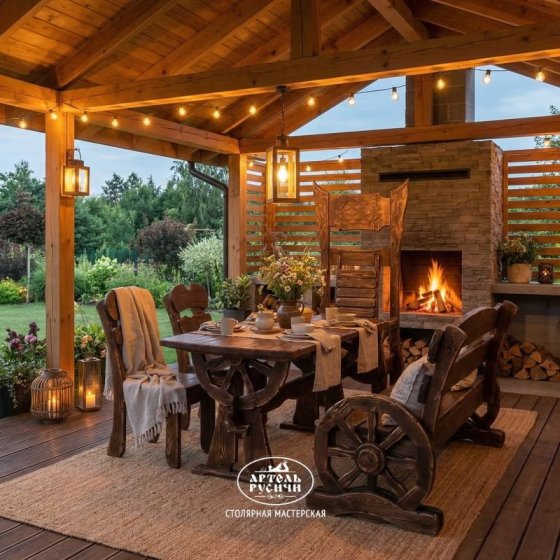 Комплект мебели под старину «Ямщик» | стол, 2 стула, скамья и трон