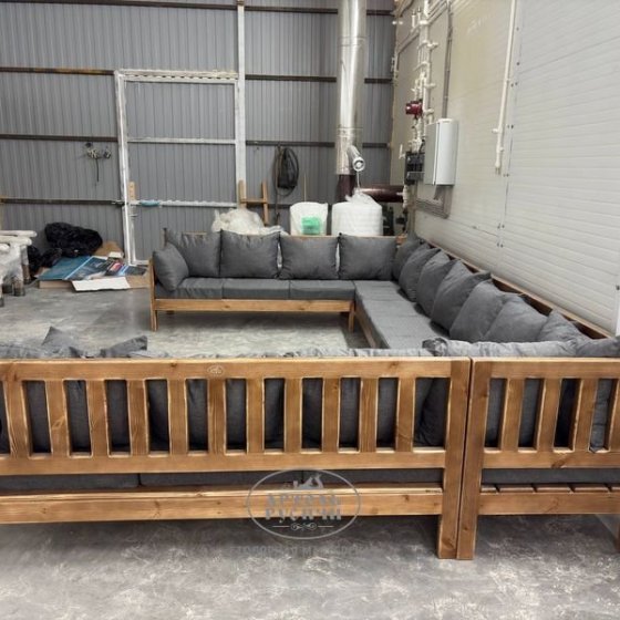 Большой П-образный диван «Русский лофт» из массива дерева под старину с мягкими подушками 