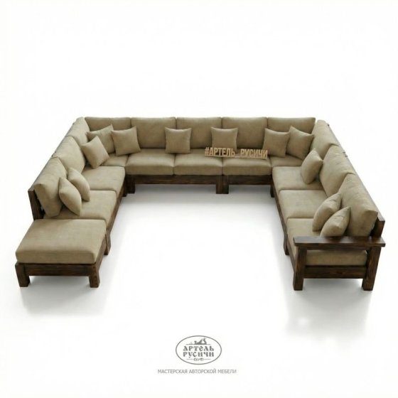 П-образный диван из массива сосны с мягкими подушками в стиле кантри