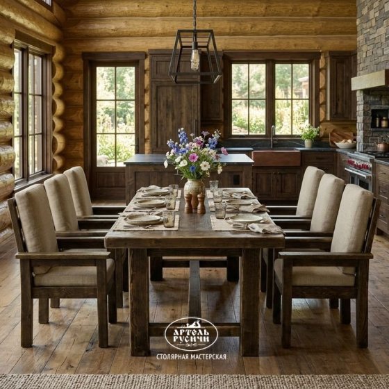 Обеденная группа «Кантри»: стол из массива северной сосны и 6 стульев с подушками и подлокотниками