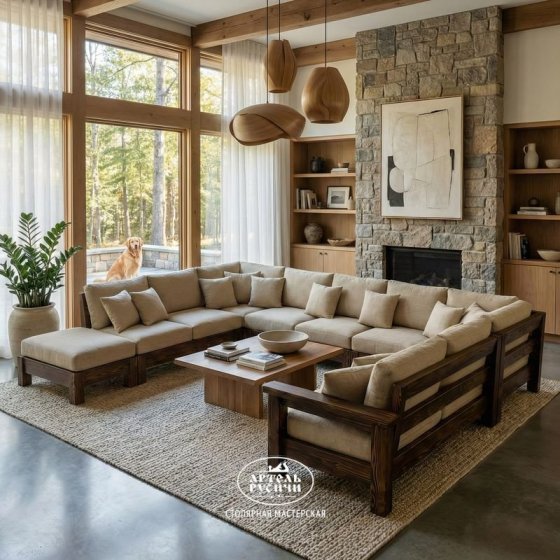 П-образный диван из массива сосны с мягкими подушками в стиле кантри
