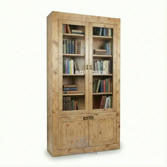 Шкаф из массива дерева со стеклянными дверцами для книг и коллекций
