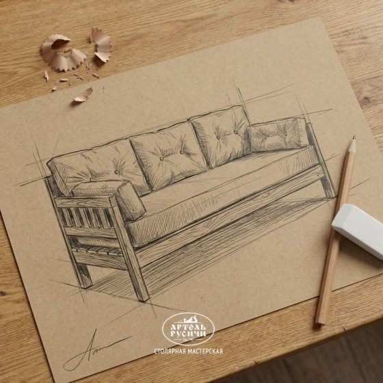 Диван из массива сосны под старину «Русский лофт» с подушками 