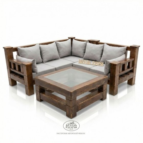 Угловой диван из массива дерева с мягкими подушками и журнальный столик в стиле лофт 