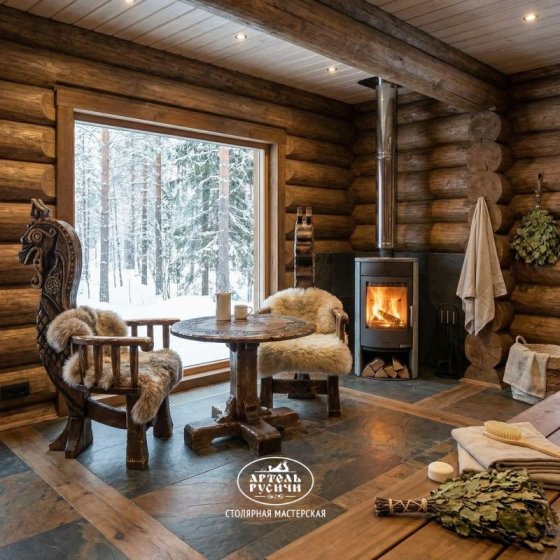 Круглый стол из дерева с резьбой под старину и 2 резных кресла | «Щит Викинга»