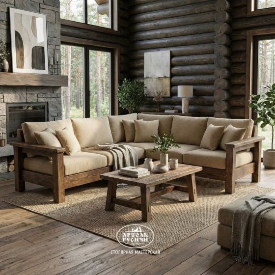 Угловой диван из массива северной сосны с мягкими подушками в стиле кантри