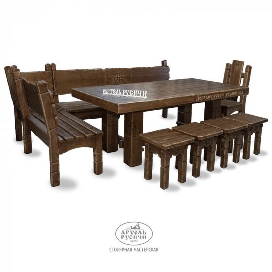 Комплект мебели под русскую старину «Суздальский» | стол, угловая скамья, 4 табурета и стул