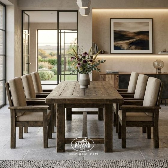 Обеденная группа «Кантри»: стол из массива северной сосны и 6 стульев с подушками и подлокотниками