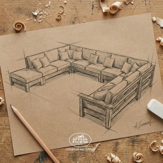 П-образный диван из массива дуба с мягкими подушками