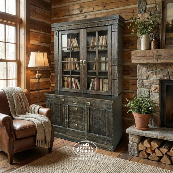 Деревянный буфет для посуды и книг со стеклом 
