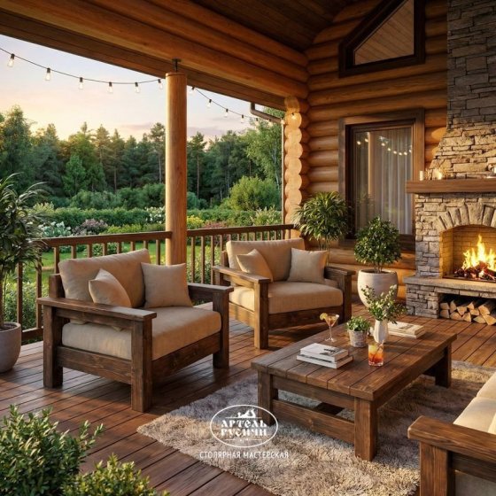 Кресло из массива северной сосны с мягкими подушками в стиле кантри