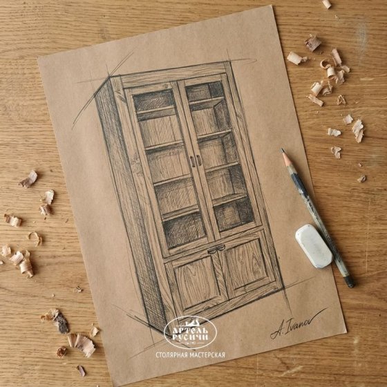 Шкаф из массива дерева со стеклянными дверцами для книг и коллекций