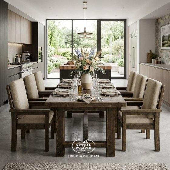Обеденная группа «Кантри»: стол из массива северной сосны и 6 стульев с подушками и подлокотниками