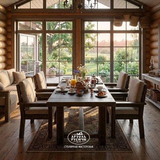 Стул из массива дерева с подлокотниками и мягкими подушками в стиле кантри