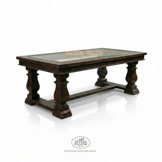 Журнальный столик из массива дерева со стеклянной столешницей «Купеческий»