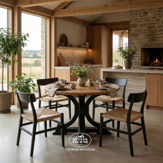 Круглый обеденный стол «Купеческий» с дубовой столешницей и подстольем из массива сосны
