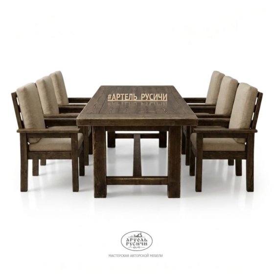 Обеденная группа «Кантри»: стол из массива северной сосны и 6 стульев с подушками и подлокотниками
