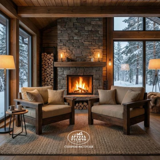 Кресло из массива северной сосны с мягкими подушками в стиле кантри