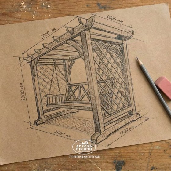 Деревянная пергола с качелями из массива северной сосны