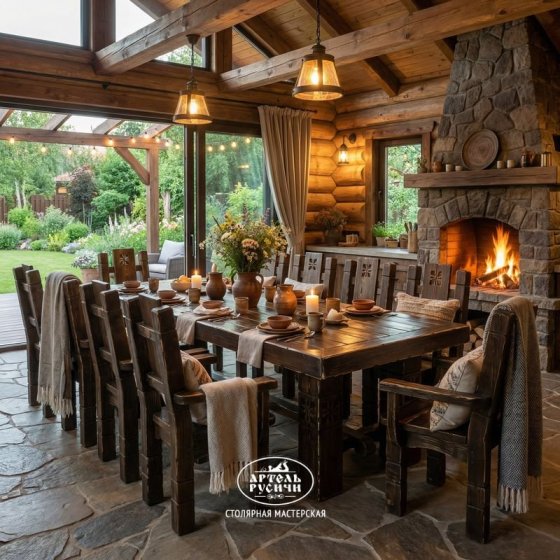 Мебель под старину для беседки на 12 персон | стол 3 м и кресла с подлокотниками «Суздальский»