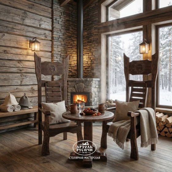 Комплект «Викинг» | круглый стол с резьбой и 2 трона из массива дерева под старину 